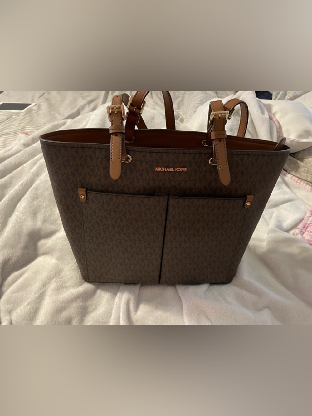 Michael Kors Brown and Tan Logo Tote with Front Pockets